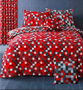Pixel Squares Bedding Set Duvet Cover Pillowcases Modern Check Red Grey Reverse - Picture 1 of 1