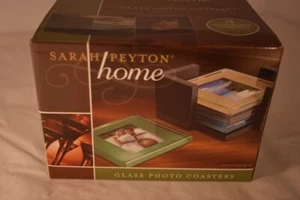 GLASS PHOTO COASTERS - NEW IN BOX - SARAH PEYTON HOME - W/ HOLDER - Picture 1 of 3