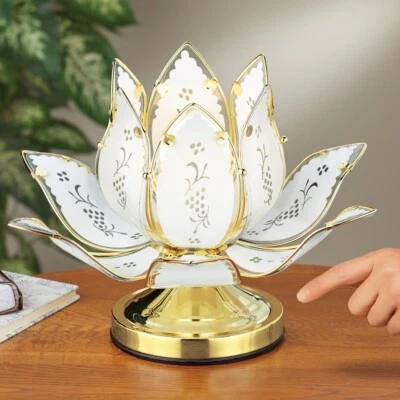 ATCS 3-Way Touch Table Lamp White Lotus Flower Water Lily Glass Gold Base Home Decor