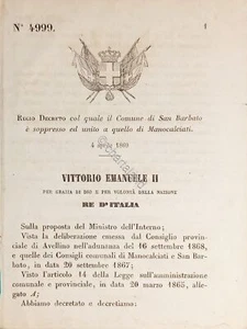 Decreto Regno Italia Comune San Barbato è soppresso ed unito a Manocalzati 1869 - Picture 1 of 1