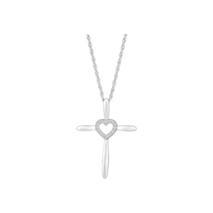 10K White Gold Lab Grown Diamond Cross & Heart Necklace 18" Silver Rope Chain - Picture 1 of 9