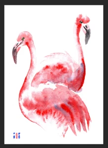 ACEO Watercolor Print Cute Flamingos Couple Art Painting by ili - Picture 1 of 2