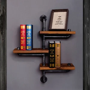 Bücherregal 3-Ablagen Industrie Hängeregal Wandregal Industrial Holz Eisenrohr - Bild 1 von 11