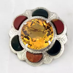 Antique Sterling Silver Citrine Paste & Agate Kilt Pin Brooch - Picture 1 of 4