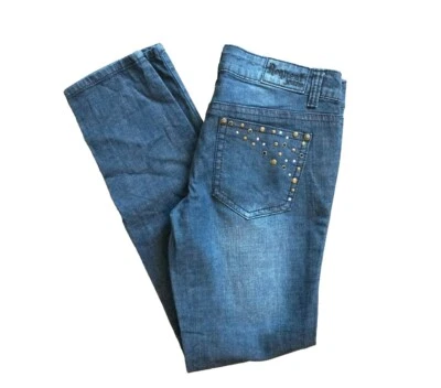 Pantalones de mezclilla azul lavado oscuro con tachuelas Request para mujer talla 9/29 Foto 1 de 4