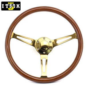 15inch Wood Steering Wheel Universal PCD 70mm Flat Drift Gold Spoke Volante - Picture 1 of 5