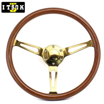 15inch Wood Steering Wheel Universal PCD 70mm Flat Drift Gold Spoke Volante - Image 1 of 4