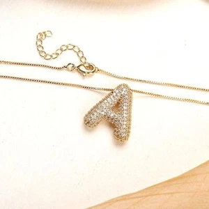 Bubble Letter A Initial Necklace Gold Diamond Zircon Alphabet Necklace Crystal - Picture 1 of 6
