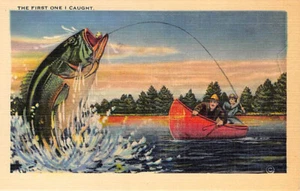 Postal: Hombres capturando peces de canoa, lino vintage años 40 - Imagen 1 de 2