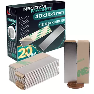 20 x Neodym Magnet selbstklebend Quader 40x12x1 mm Klebemagnete 3M Klebeband - Bild 1 von 6
