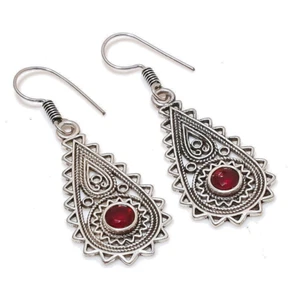 Garnet Gemstone Silver Plated Dangle Earrings Jewelry 2.5" Gift For Her - Picture 1 of 1