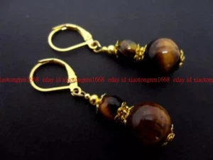 6+10mm Tigers Eye Gold Round Gemstone Beads Drop Leverback Hook Earrings - Picture 1 of 12
