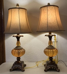 Vintage Pair 2 Amber Carmel Lucite Acrylic Table Lamps With Shades Scroll MCM - Picture 1 of 16