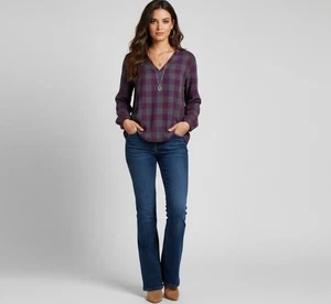 Pact Damen lila & grau kariertes Bio-Baumwolle V-Ausschnitt Langarm Top Größe M - Bild 1 von 13