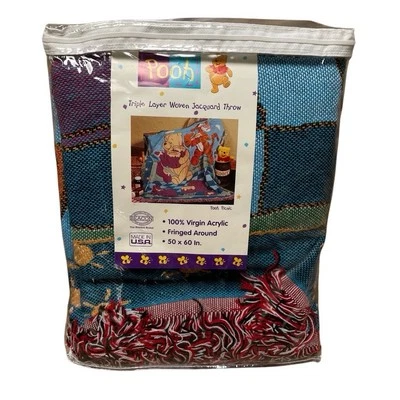 VTG Disney Winnie the Pooh Pooh Picnic Woven Tapestry Throw BlanketFringed 50x60 - Image 1 of 3
