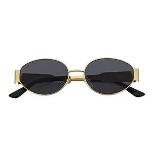 SELINE - Retro Small Metal Round Oval Sunglasses Gold Smoke Tint - Picture 1 of 8