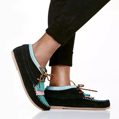 Mesa de Mocassim Eastland 1955 Couro Preto Rosa Azul-petróleo Liso Feminino Tamanho 7 Franja Boho - Imagem 1 de 4