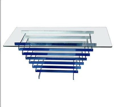 "Mesa moderna de mediados de siglo de acero y vidrio atribuida a Paul Mayen - azul y blanco, 72""" Foto 1 de 4