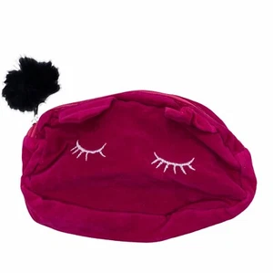 Bolsa de cosméticos de terciopelo rosa con diseño de pestañas bordadas y pompón esponjoso - Imagen 1 de 5