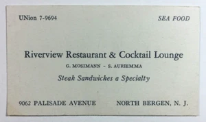 Biglietto da visita vintage Riverview ristorante e cocktail lounge North Bergen NJ - Foto 1 di 2