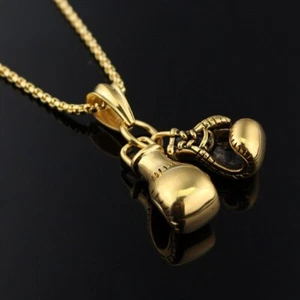 Gold Double Boxing Glove Necklace Stainless Steel Pendant - Picture 1 of 8