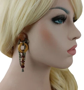 Bohemian Wood & Chain Chandelier Statement Long Pierced Earrings 3" - Picture 1 of 4