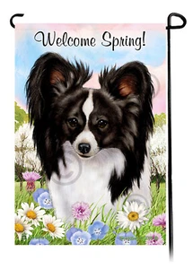 Welcome Spring Garden Flag - Black and White Papillon - Picture 1 of 1
