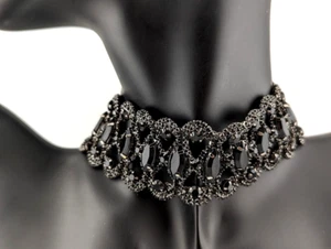 wide black glass rhinestone choker 10-16.5" gunmetal/pewter collar necklace D2 - Picture 1 of 6