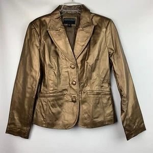 Bernardo Jacket Bronze Leather Collared Button Pockets Lined Size L - Picture 1 of 11