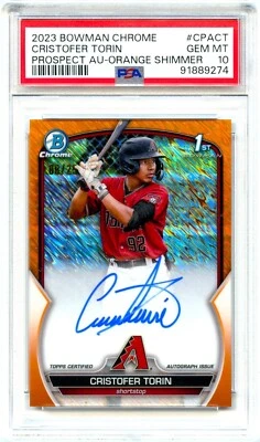 CRISTOFER TORIN RC 2023 1ST BOWMAN CHROME ORANGE SHIMMER ROOKIE AUTO 8/25 PSA 10 - Image 1 of 2