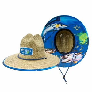 Cappello da sole uomo e donna in paglia con stampa motivo Fish Shoaling in tessuto, cappello bagnino... - Foto 1 di 5