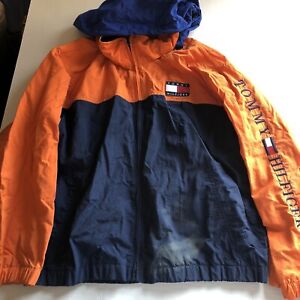 Tommy Hilfiger Blue Orange Hooded Logo Light Jacket Boys Vtg 90s Sz XL A1045