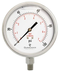 Manometro a olio 4", tutti SS, 1/4" NPT, attacco inferiore, 0-100PSI - Foto 1 di 4