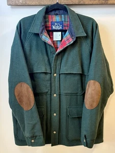 Vtg Woolrich Green Wool Jacket, Plaid Thinsulate Lining, Leather Elbow Pads, Lg - Picture 1 of 14