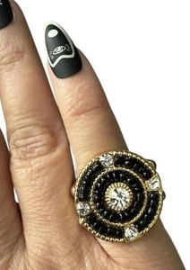 Gold Tone Black Beaded Rhinestone Adjustable Stretch Ring Size 5 & Up New - Picture 1 of 9