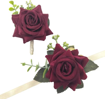 Conjunto de ramillete y boutonniere de boda Arlai, brazalete de cinta de ramillete de muñeca rosa Foto 1 de 4