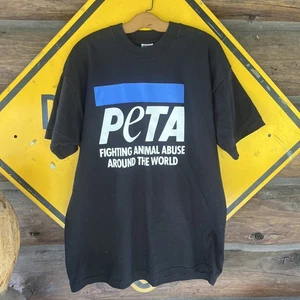 Vintage PETA Fighting Animal Abuse Shirt 90s Black XL Single Stitch USA - Picture 1 of 4