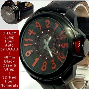 48mm Auto CRAZY JUMP HOUR | Red 3D Hour Numerals | Black Case & Band COGU Watch - Picture 1 of 12
