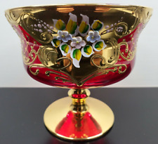 Murano Glass Milliaccio Venezia Italy Gold Red Compote Vase Vintage MCM Floral