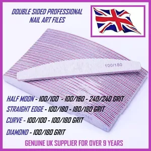 NAIL FILES GRIT 100 180 240 PROFESSIONAL QUALITY HALF MOON CURVED DIAMOND BUFFER - Picture 1 of 29