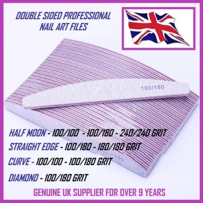 NAIL FILES GRIT 100 180 240 PROFESSIONAL QUALITY HALF MOON CURVED DIAMOND BUFFER - Image 1 of 4