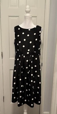 Vestido preto sexy novo com etiquetas Robbie Bee com bolinhas brancas fit & flare joelho G tamanho 12 - Imagem 1 de 4