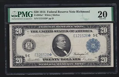 US 1914 $20 FRN Richmond *STAR NOTE* FR 983a PMG 20 VF (528*) - Image 1 of 2