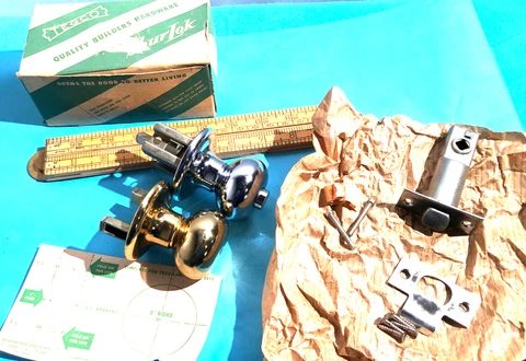 Vintage Tegco Passage Door Mortise Lock, Knobs, Rosettes, Strike & Screws-F Cover