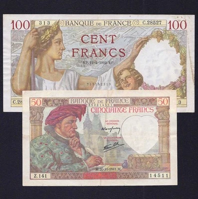 FRANCE  50 + 100 FRANCS 1941 + 1942   P-93  + P-94   VF  - Image 1 of 2