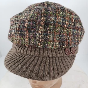 D&Y Cabbie Cap Knit Wool Hat Brown Plaid Womens OSFM Stretch - Picture 1 of 9