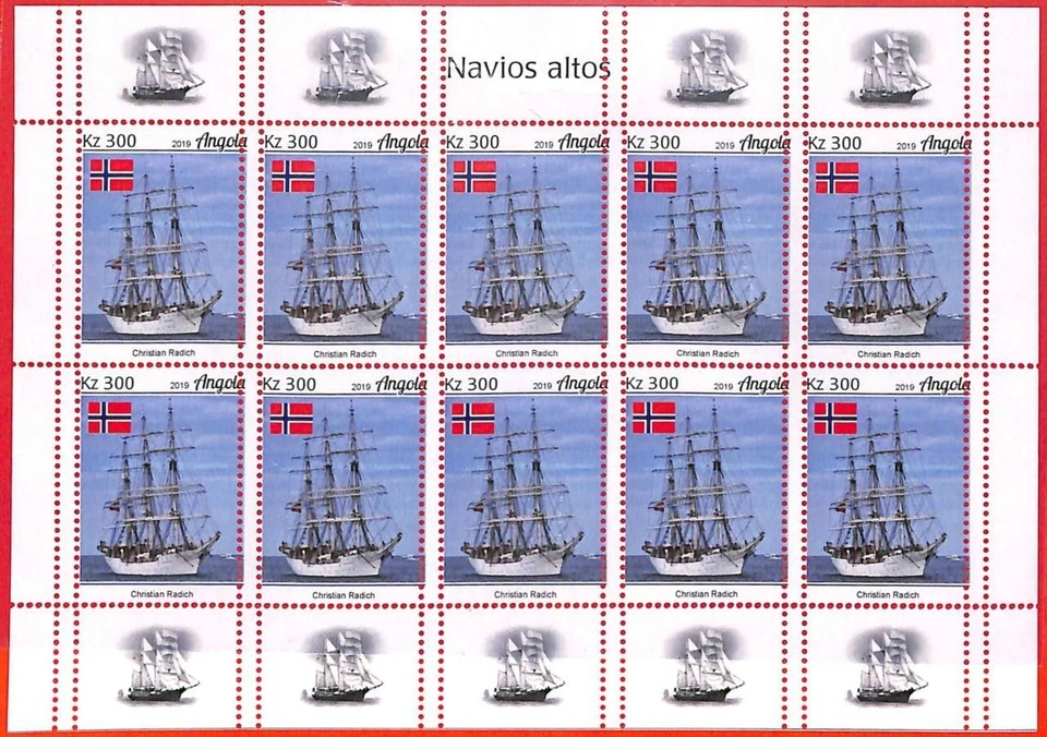 A1558 - ANGOLA - ERROR: HOJA COMPLETA MISSPERF x10 - 2019 Barcos Banderas de Noruega Foto 1 de 1
