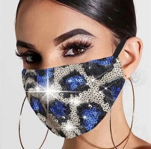 LAST ONE!Fashion Pretty Glitter Sparkly Animal Print Navy sequins Glam face mask - Picture 1 of 1
