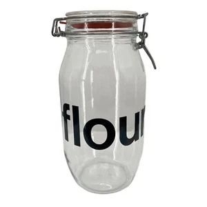 France Vintage Glass Flour Jar 2 L Canister Wire Bail Lid Lock Typography - Picture 1 of 8