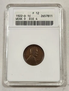 1922-D "Weak D" Stempel 4 ~ ANACS F12 Graded Bucket List Lincoln 1C Cent - Bild 1 von 2